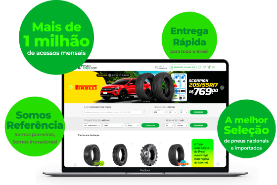 ilustração de um macbook com a home da Pneufree.com aberta